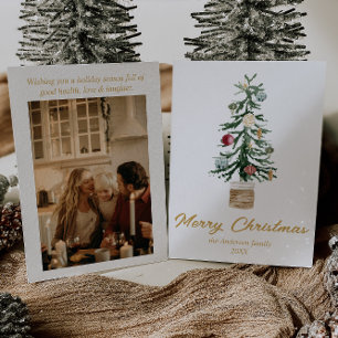 Waterverf Gouden Ornamenten Boom Foto Kerstmis Feestdagenkaart