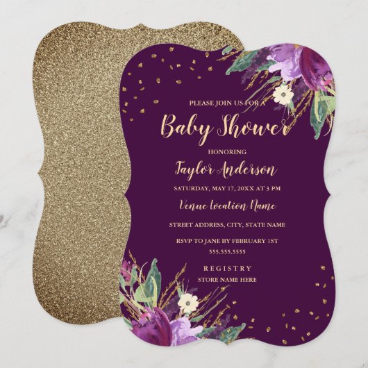 Waterverf Gouden Paarse Bloem Baby shower Kaart (Voorkant / Achterkant)