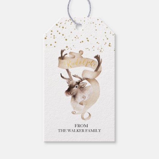 Waterverf gouden rendierfamilie Rudolph kerstmis Cadeaulabel (Voorkant)