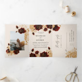 Waterverf gouden Rozen drievoudige bruiloft uitnod Drieluik Uitnodiging (Binnen)