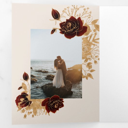 Waterverf gouden Rozen drievoudige bruiloft uitnod Drieluik Uitnodiging (Binnenzijde eerst)