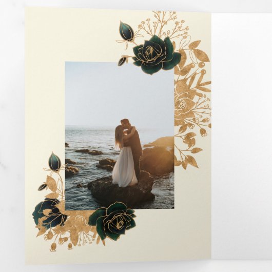 Waterverf gouden Rozen drievoudige bruiloft uitnod Drieluik Uitnodiging (Binnenzijde eerst)