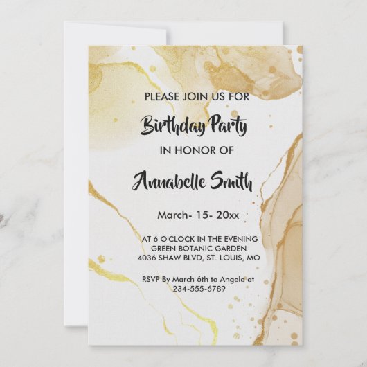 Waterverf gouden verjaardagsuitnodiging kaart (Voorkant)