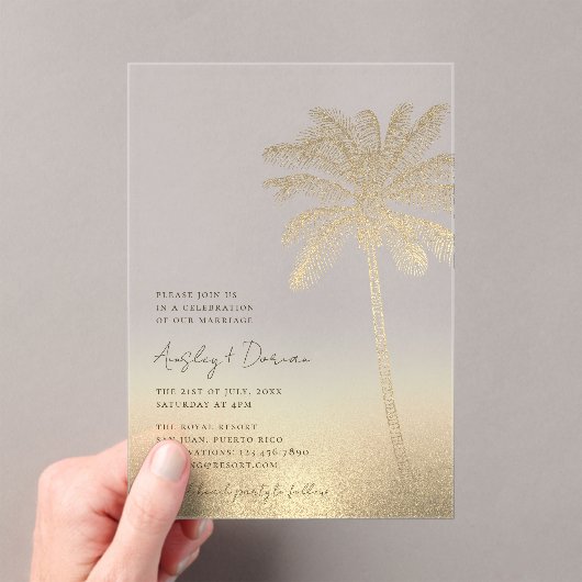 Waterverf gouden zandpalm boom Boho strand bruilof Acryl Uitnodigingen (Insitu (Draagbaar))