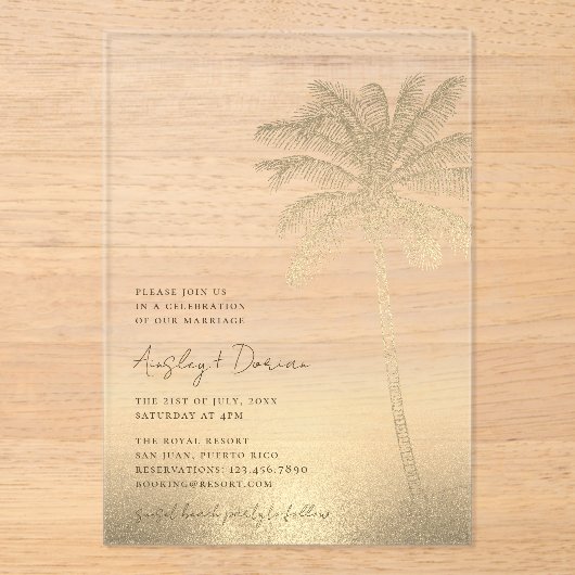 Waterverf gouden zandpalm boom Boho strand bruilof Acryl Uitnodigingen (Voorkant)