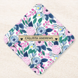 Waterverf goudmonogram goudbruine marinevloeren kartonnen onderzetters