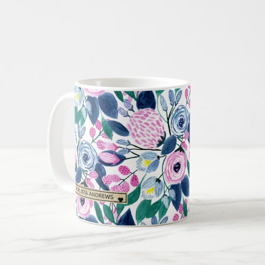 Waterverf goudmonogram goudbruine marinevloeren koffiemok (Voorkant links)