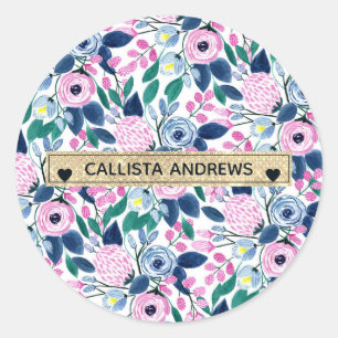 Waterverf goudmonogram goudbruine marinevloeren ronde sticker