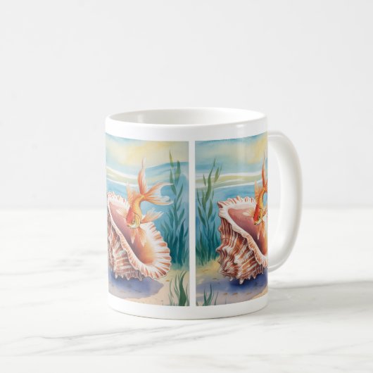 Waterverf goudvis in koraalschelp koffiemok (Voorkant rechts)