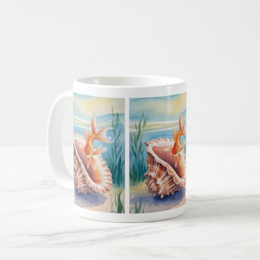 Waterverf goudvis in koraalschelp koffiemok (Voorkant links)