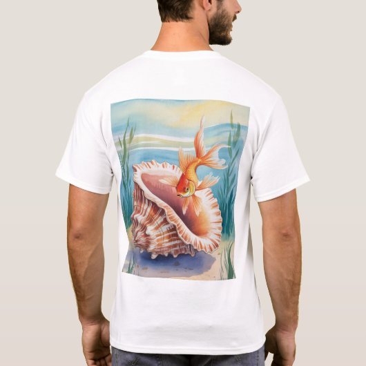 Waterverf goudvis in koraalschelp t-shirt (Achterkant)