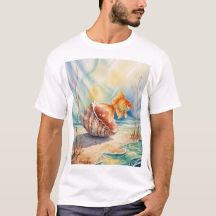 Waterverf goudvis in koraalschelp t-shirt