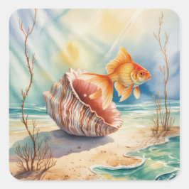 Waterverf goudvis in koraalschelp vierkante sticker