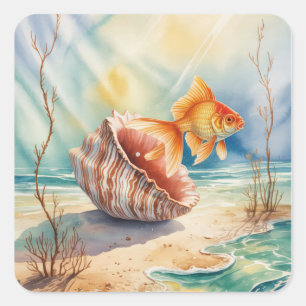 Waterverf goudvis in koraalschelp vierkante sticker