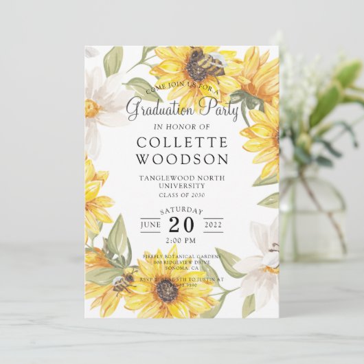 Waterverf Graduation Party Sunflower Greenery I Kaart (Staand voorkant)