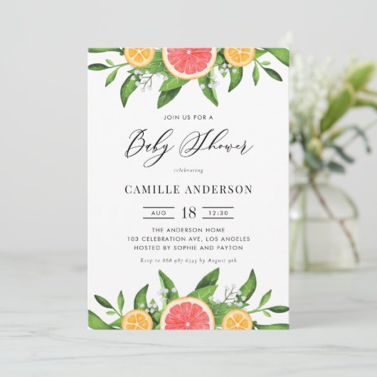 Waterverf Graefruits Sinaasappel Summer Baby showe Kaart (Staand voorkant)