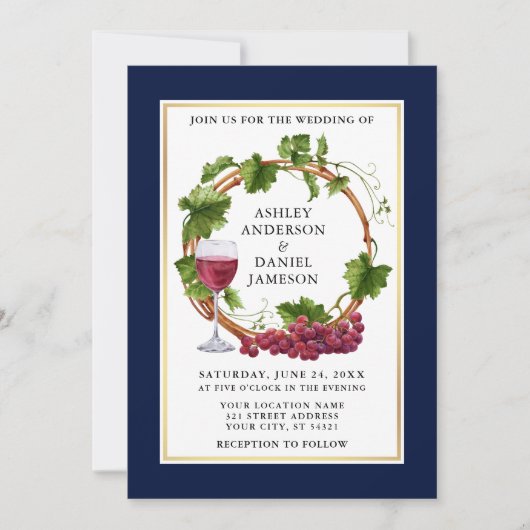 Waterverf Grafieke wijnstokken met blauwe bruiloft Kaart (Voorkant)