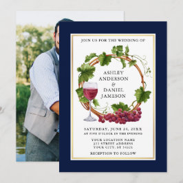 Waterverf Grafieke wijnstokken met blauwe bruiloft Kaart