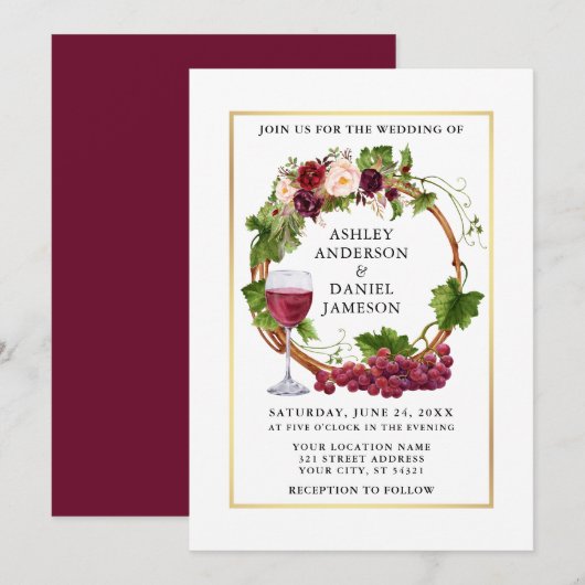 Waterverf grafietsen Floral Wreator Gold Wedding Kaart (Voorkant / Achterkant)