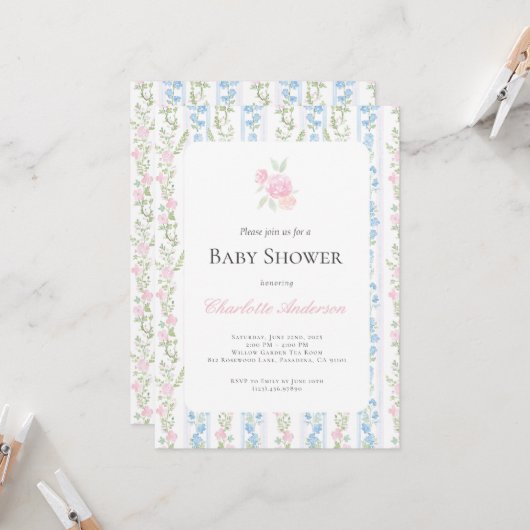 Waterverf Grandmillennial Baby shower Invitation Kaart (Voorkant / Achterkant in situ)