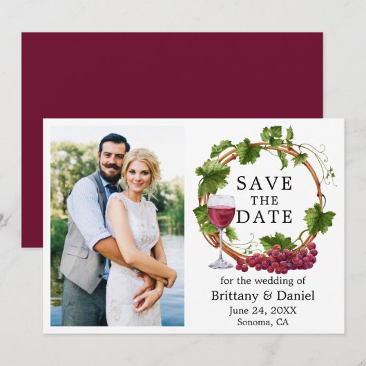 Waterverf Grape Vines met foto Bourgogne Save The Date (Voorkant / Achterkant)