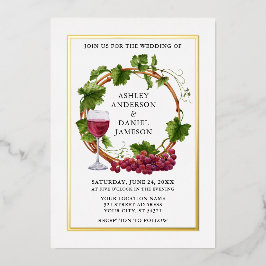 Waterverf Grape Vines WreatPhoto Wedding Gold Folie Uitnodiging