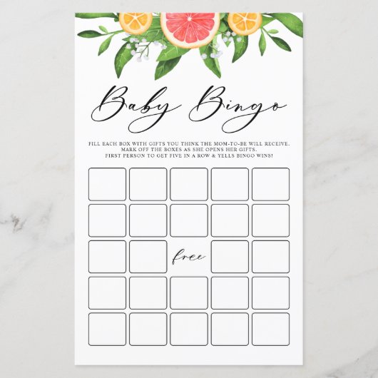 Waterverf Grapefruit Baby Bingo Baby shower Game (Voorkant)