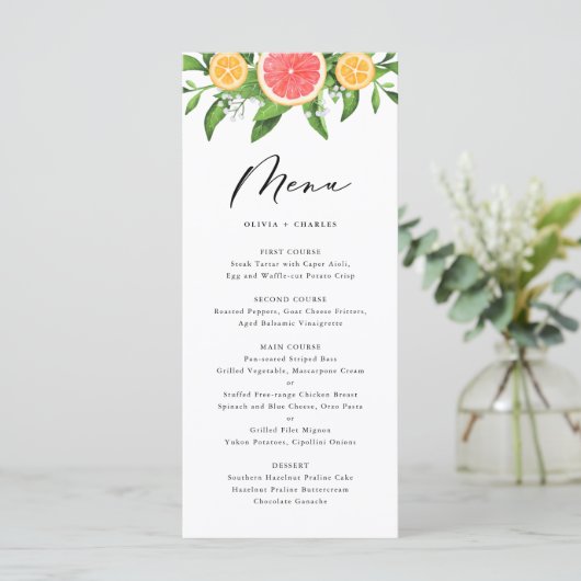 Waterverf Grapefruit en Sinaasappels Citrus Weddin Menu (Staand voorkant)