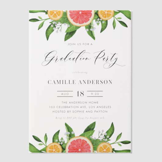 Waterverf Grapefruit en Sinaasappels Graduation Pa Vellum Uitnodigingen (Voorkant)
