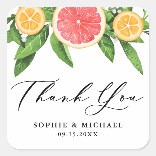 Waterverf Grapefruit en Sinaasappels Summer Hartel Vierkante Sticker (Voorkant)
