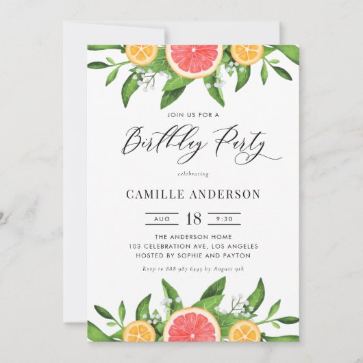 Waterverf Grapefruit en Sinaasappels Verjaardagsfe Kaart (Voorkant)