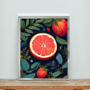 Waterverf Grapefruit Slice met Aardbeien Foto Afdruk