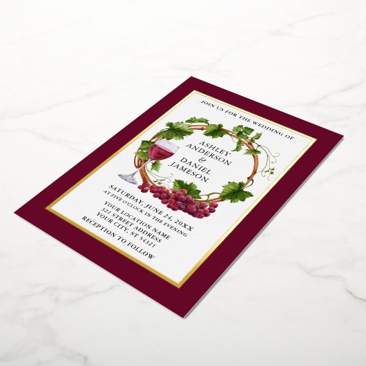 Waterverf Grapes Wreath Wedding Burgundy Gold Folie Uitnodiging (Gedraaid)