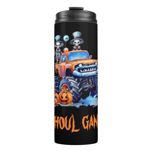 Waterverf Grappig Monster Truck Skeletten Hallowee Thermosbeker (Voorkant)