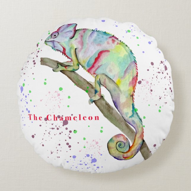Waterverf grappige kameleon rond kussen (Voorkant)