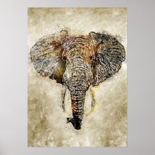 Waterverf  graslaag Schilderen van olifant Poster