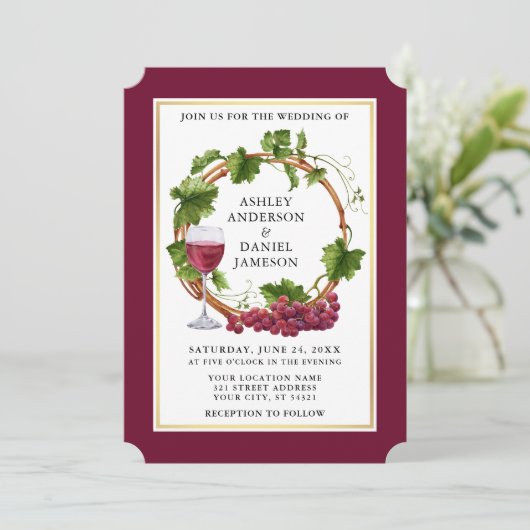 Waterverf Grauwe wijnstokken Wreath Burgundy Weddi Kaart (Staand voorkant)