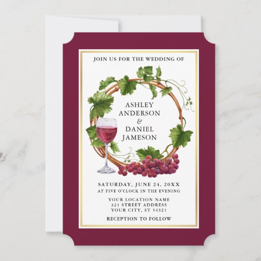 Waterverf Grauwe wijnstokken Wreath Burgundy Weddi Kaart (Voorkant)