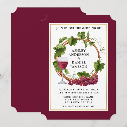 Waterverf Grauwe wijnstokken Wreath Burgundy Weddi Kaart (Voorkant / Achterkant)