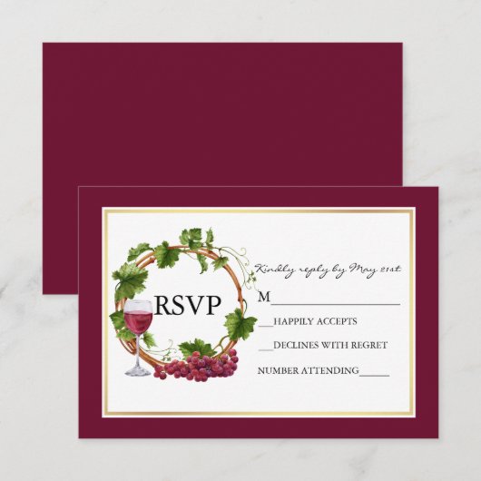 Waterverf Grauwe wijnstokken Wreath Burgundy Weddi RSVP Kaartje (Voorkant / Achterkant)