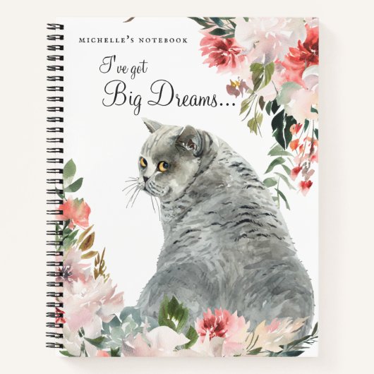 Waterverf Gray Cat Floral Quote & Monogram Notitieboek (Voorkant)