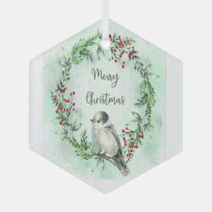 Waterverf Gray Jay Bird WreatKerstmis Glas Ornament