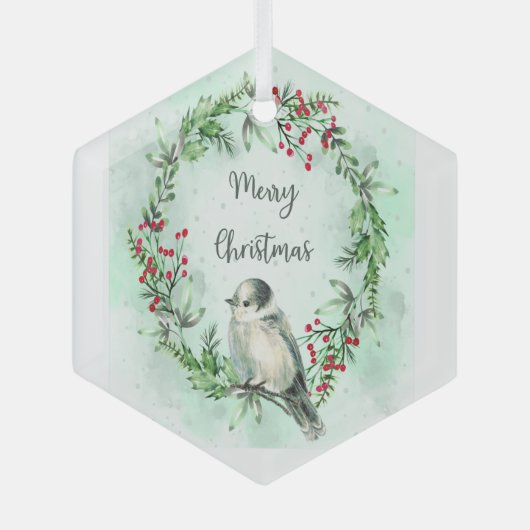 Waterverf Gray Jay Bird WreatKerstmis Glas Ornament (Voorkant)