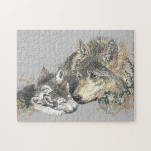 Waterverf Gray Wolf mama of papa & Cub Legpuzzel