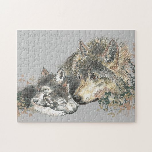 Waterverf Gray Wolf mama of papa & Cub Legpuzzel (Horizontaal)