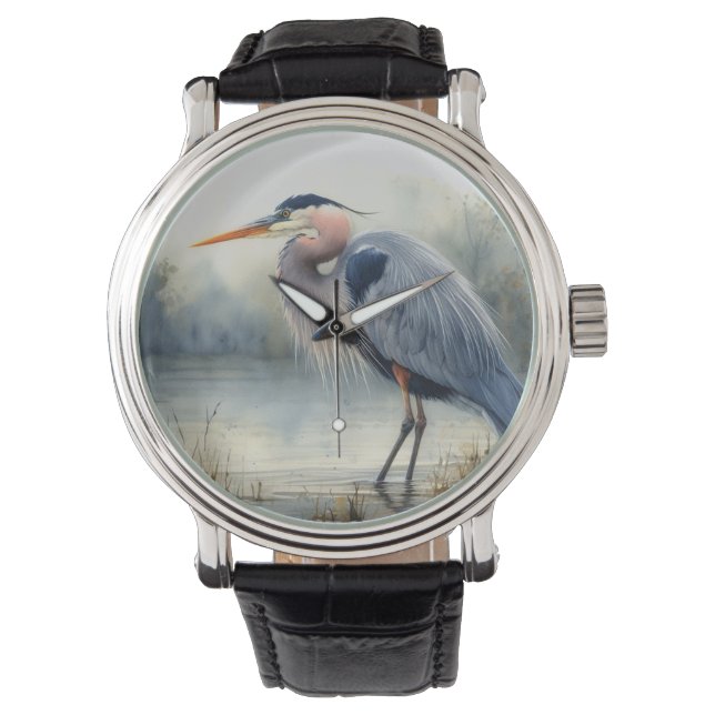 Waterverf Great Blue Heron Water Bird Willife Horloge (Voorkant)