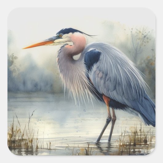 Waterverf Great Blue Heron Water Bird Willife Vierkante Sticker (Voorkant)