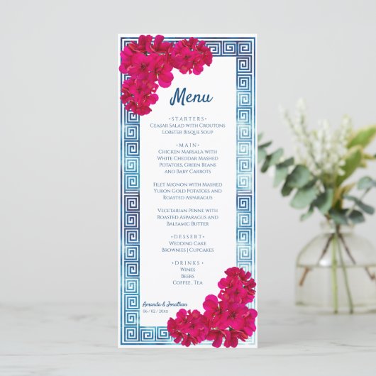 Waterverf Grecian Elegance + Pink Flowers Menu (Staand voorkant)