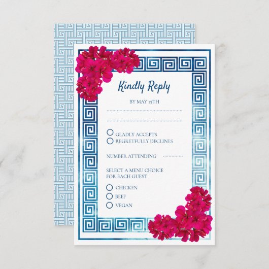 Waterverf Grecian Elegance + Roze Bloem RSVP Informatiekaartje (Voorkant / Achterkant)