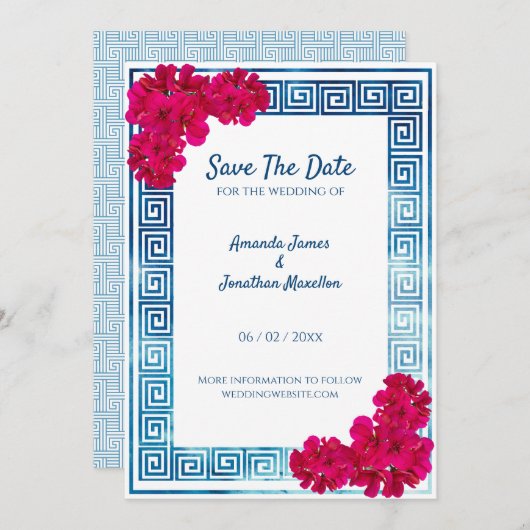 Waterverf Grecian Elegance + Roze Save The Date Kaart (Voorkant / Achterkant)